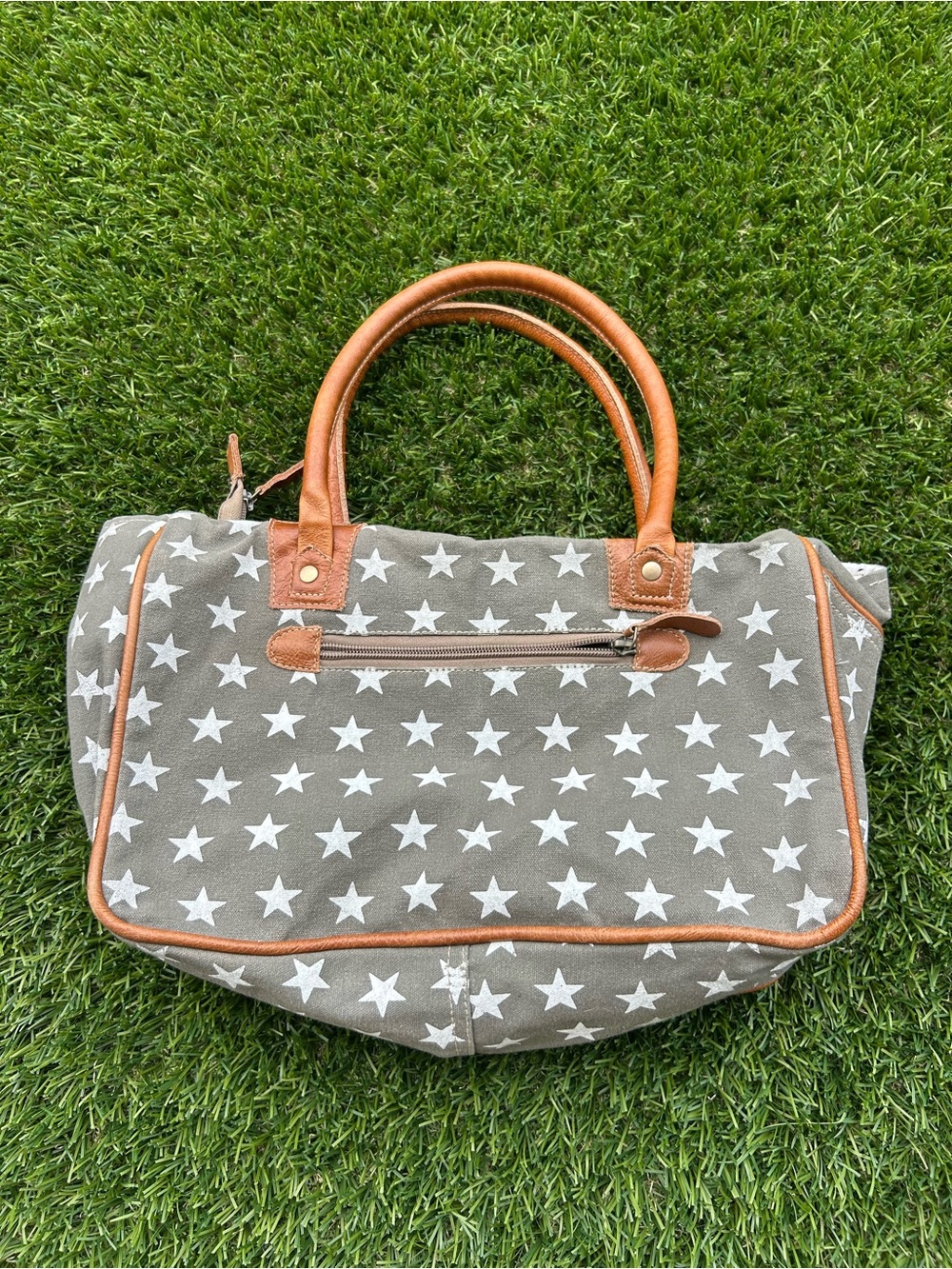 Myra Bag Gray Star Print Canvas Tote with Brown Trim